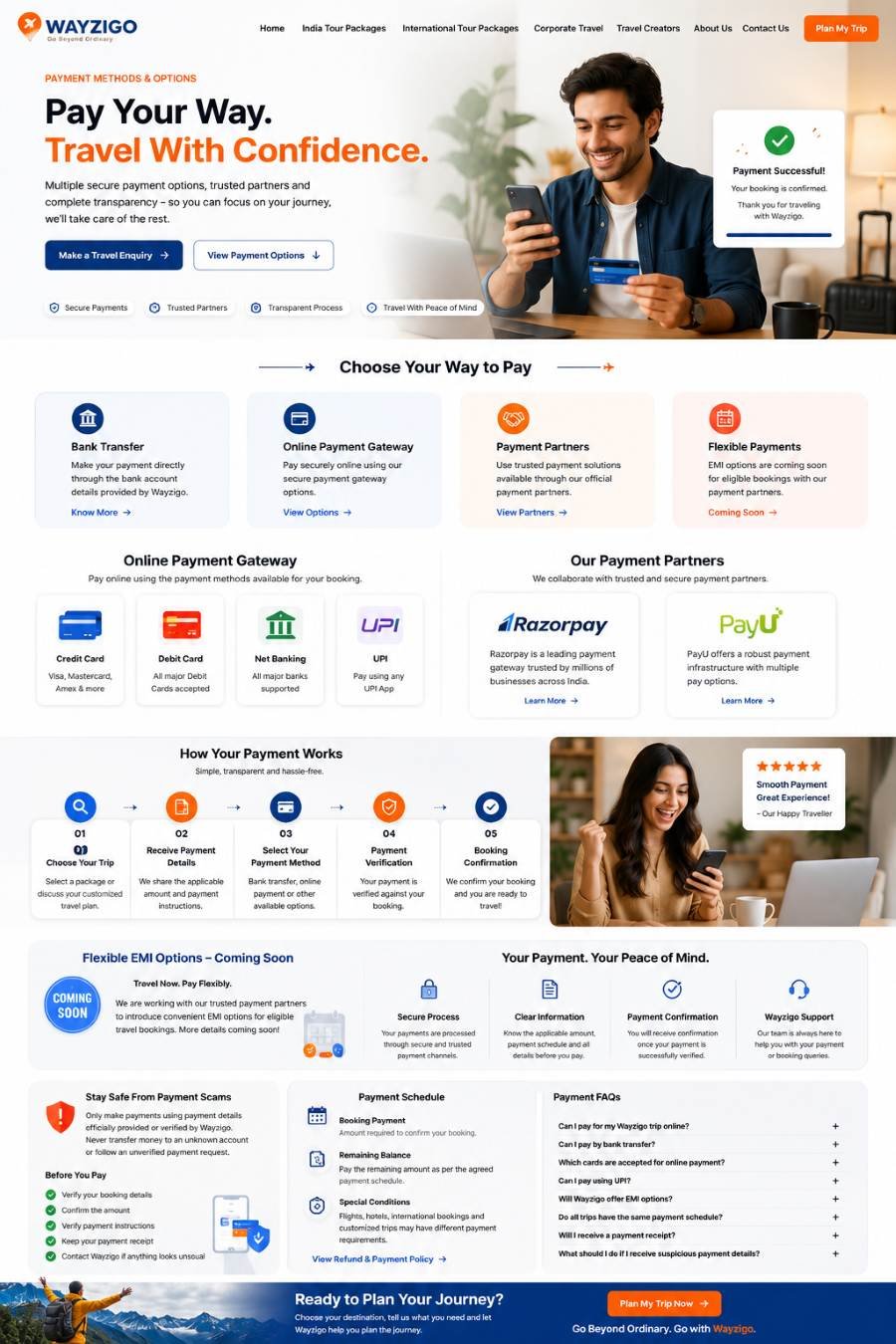 Wayzigo traveller making an online payment and receiving booking confirmation